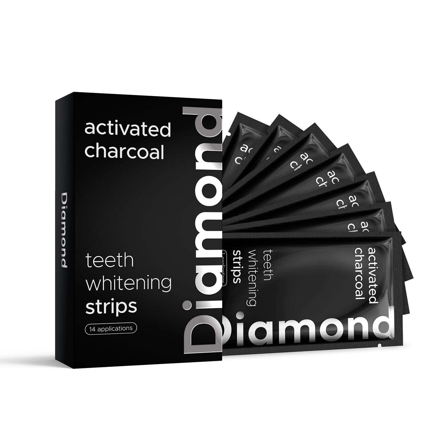 Diamond Smile tannblekningsstrimler med aktivt kull for hjemmebleking med hvit bakgrunn