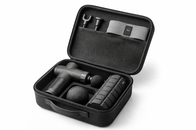 Massasjepistol-sett for muskelrestitusjon med foam roller, massasjeballer og treningsstrikk