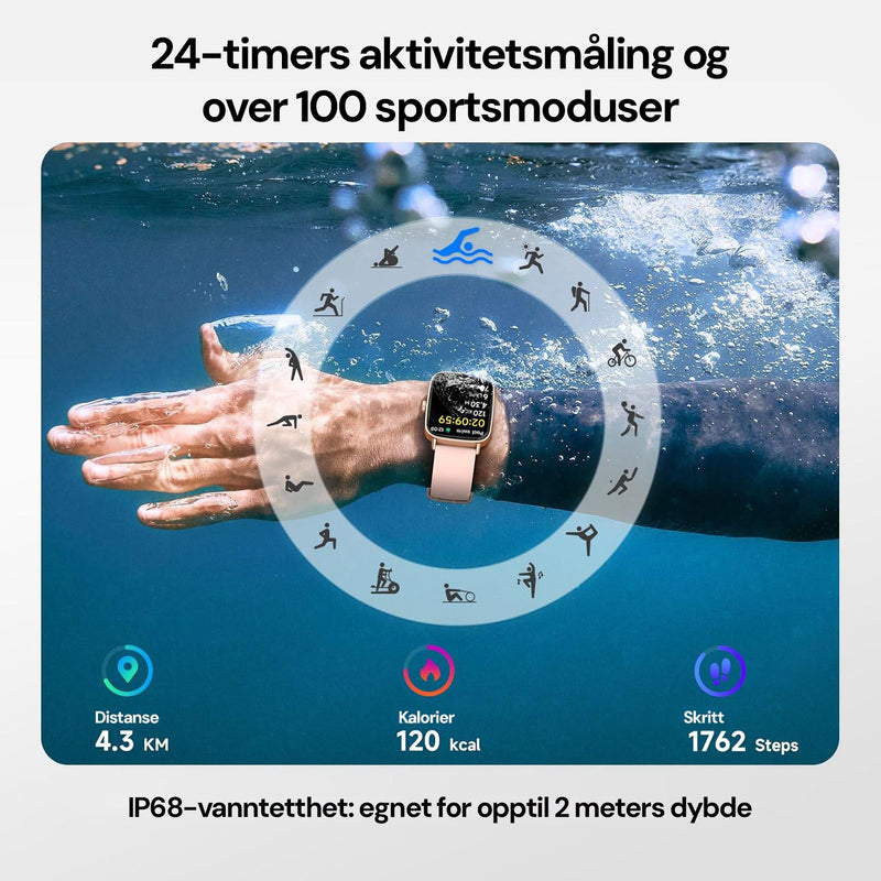 Aktivitetsklokke med skritteller, kalorimåling og detaljert treningssporing.