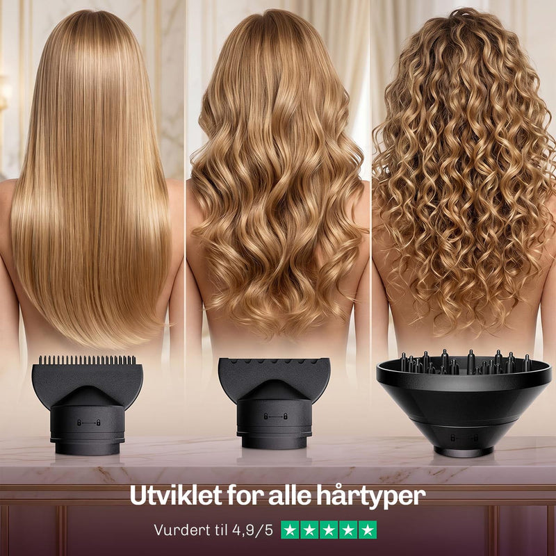 Hårføner med ioneteknologi som reduserer frizz og beskytter håret mot varmeskader.