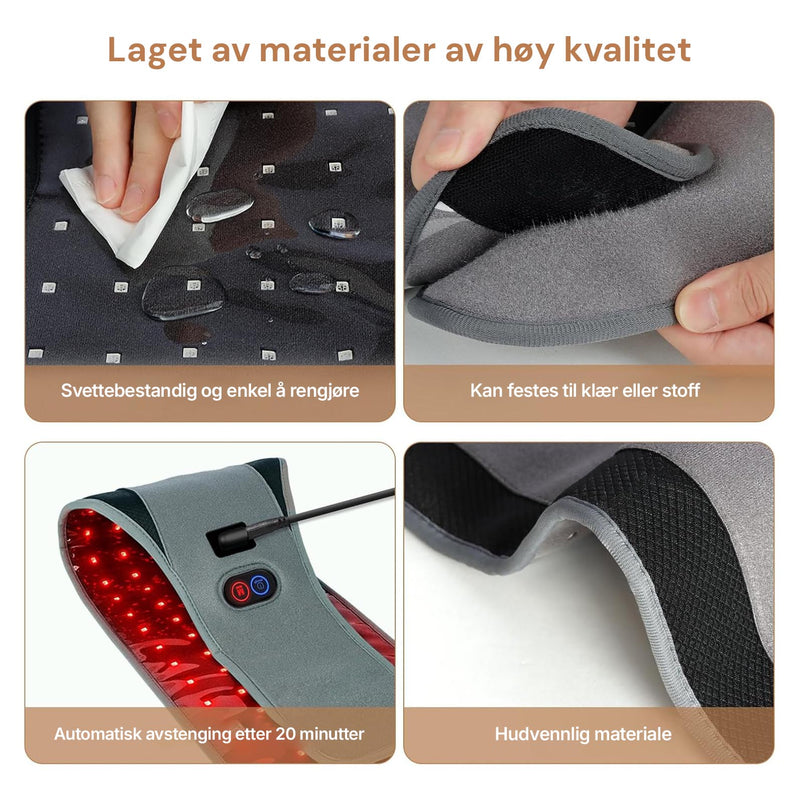Infrarødt terapibelte for ryggen med rødt og nærinfrarødt lys for daglig restitusjon.