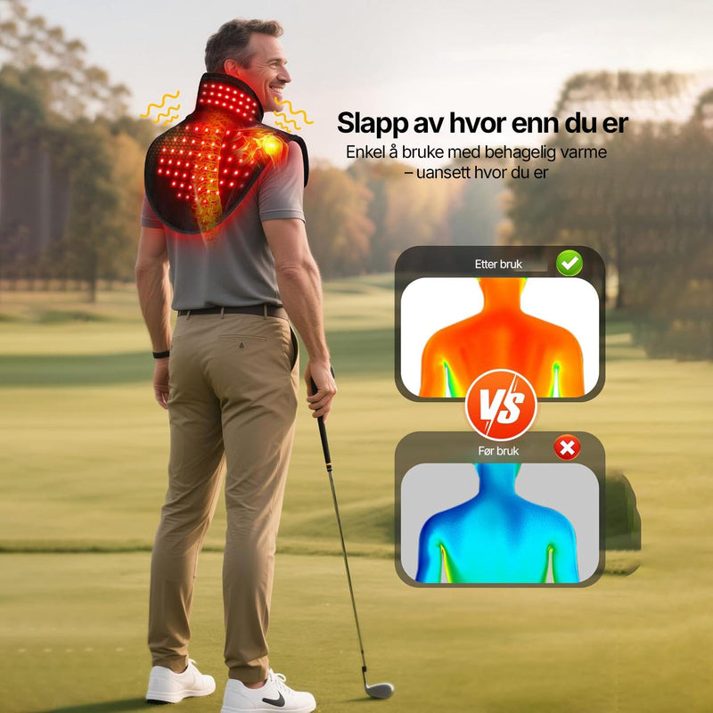 LED-lysterapi for nakke og skuldre med justerbare intensitetsnivåer.