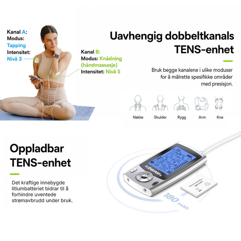 Muskelterapi med TENS- og EMS-teknologi som støtter restitusjon og avslapning.
