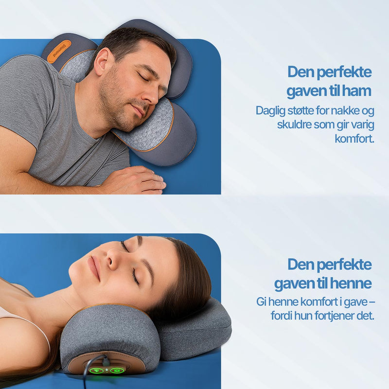 Nakkepute med massasje som kombinerer ergonomisk støtte, varme og vibrasjon.