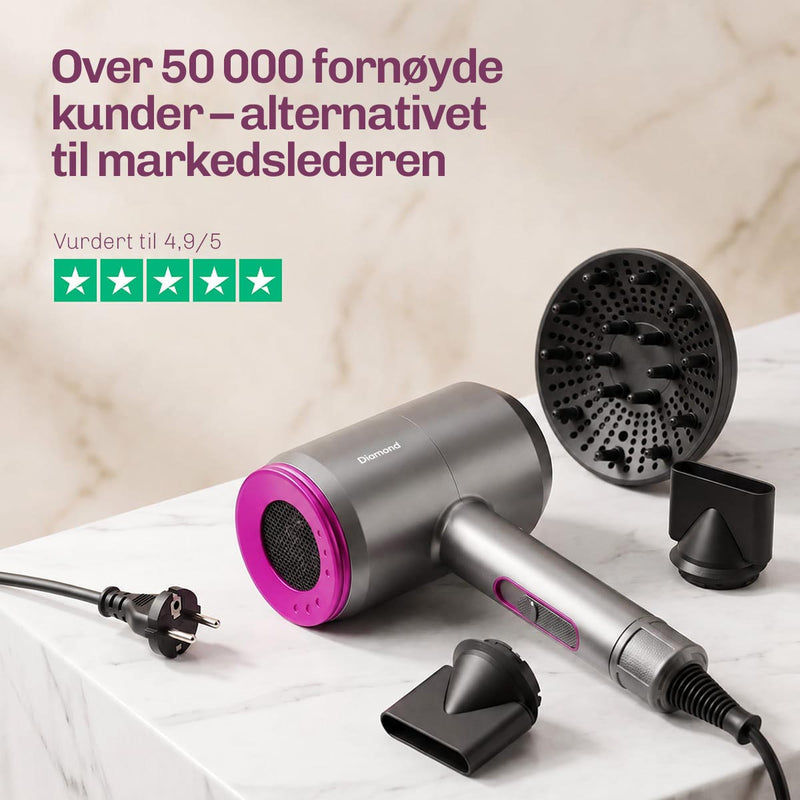 Profesjonell AirFusion hårføner fra Diamond for rask tørking, mindre frizz og glansfullt hår.