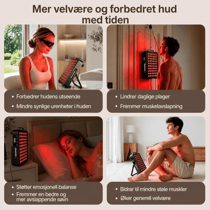 Rødlyspanel for ansikt med jevn lysfordeling og flere lysmoduser.