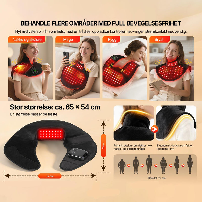 Rødlys for øvre rygg med 194 LED-lys for effektiv behandling av belastede områder.