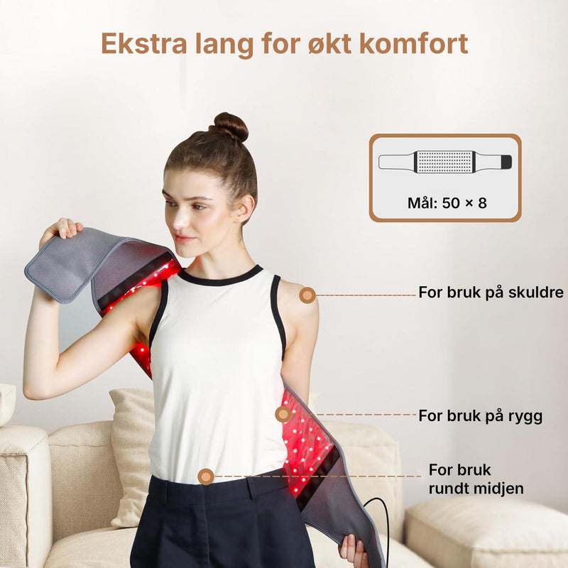 Rødlysterapi for magen med rødt og nærinfrarødt lys i et fleksibelt LED-belte.