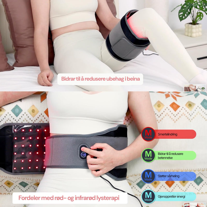Rødlysterapi for midjen med ergonomisk belte tilpasset komfortabel bruk hjemme.