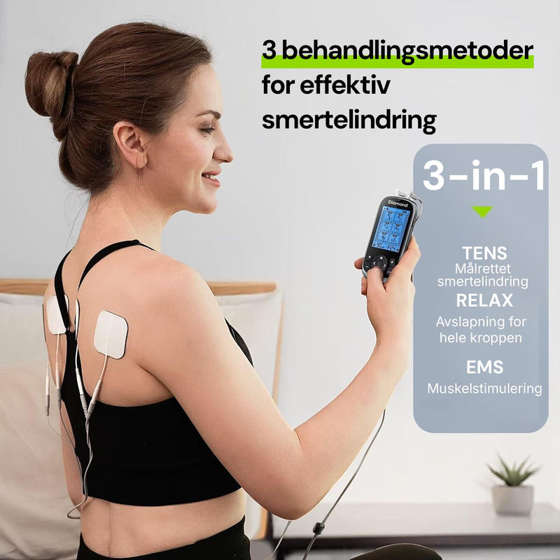 TENS- og EMS-apparat for smertelindring, muskelstimulering og avslapning.