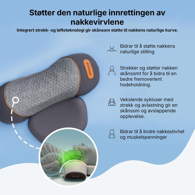 Varmepute for nakke og skuldre med ergonomisk passform og integrert vibrasjon.
