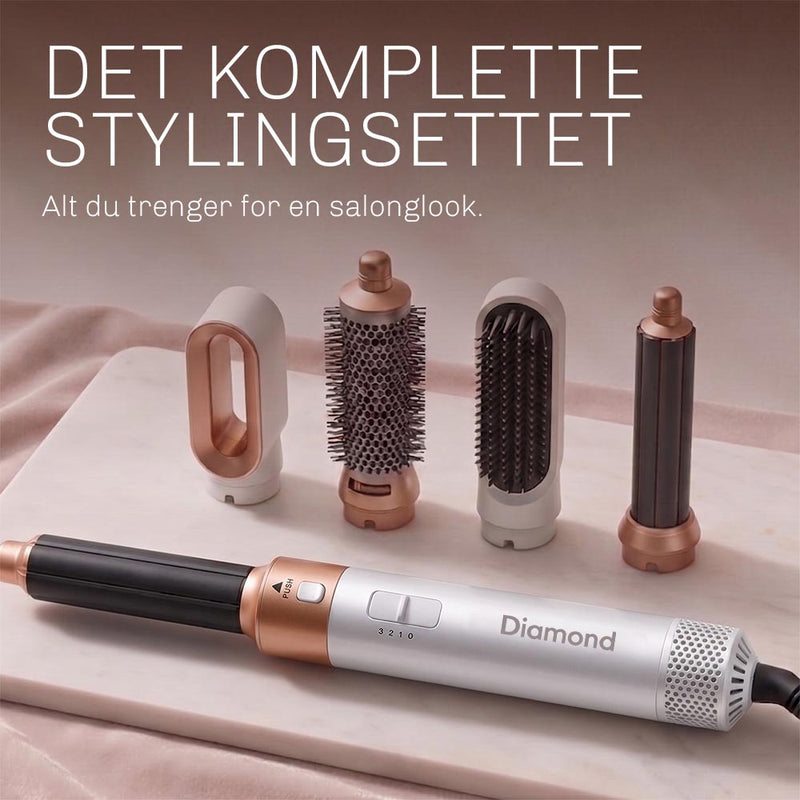 Diamond CloudAir 5-i-1 varmluftsstyler med fem utskiftbare tilbehør for allsidig hårstyling.